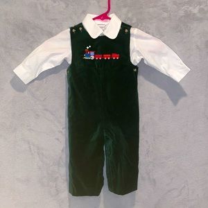 Green Overalls with White Collar Button Down with Red Train- Toddler